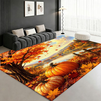 Tapis de paysage d'automne, imprimé feuille d'érable citrouille, scène d'automne éclatante, toucher velours doux, tapis antidérapant, décoration intérieure vibrante pour le salon, la chambre à coucher, la cuisine, le vestibule, appartement