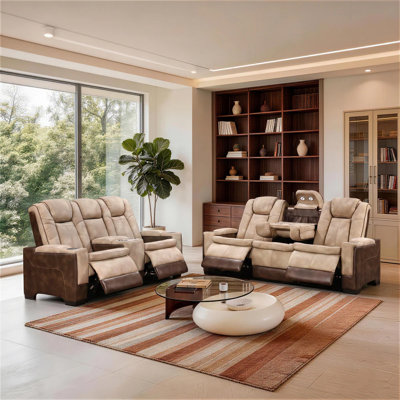 Fully Assembled 81" Wide Power Recliner Sofa and Loveseat Set, Cognac Faux Leather with USB & Wireless Charging, Cup Holders & Storage