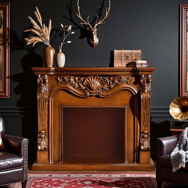 European Carved Decorative Mantel Shelf, 43.31" H x 51.18" W x 12.99" D, Brown