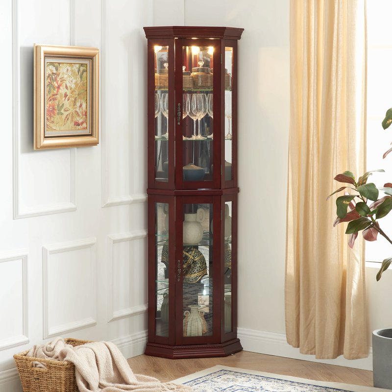 Vitrine de coin avec lumières, tablettes réglables en verre trempé, dos en miroir, vitrine, Cherry