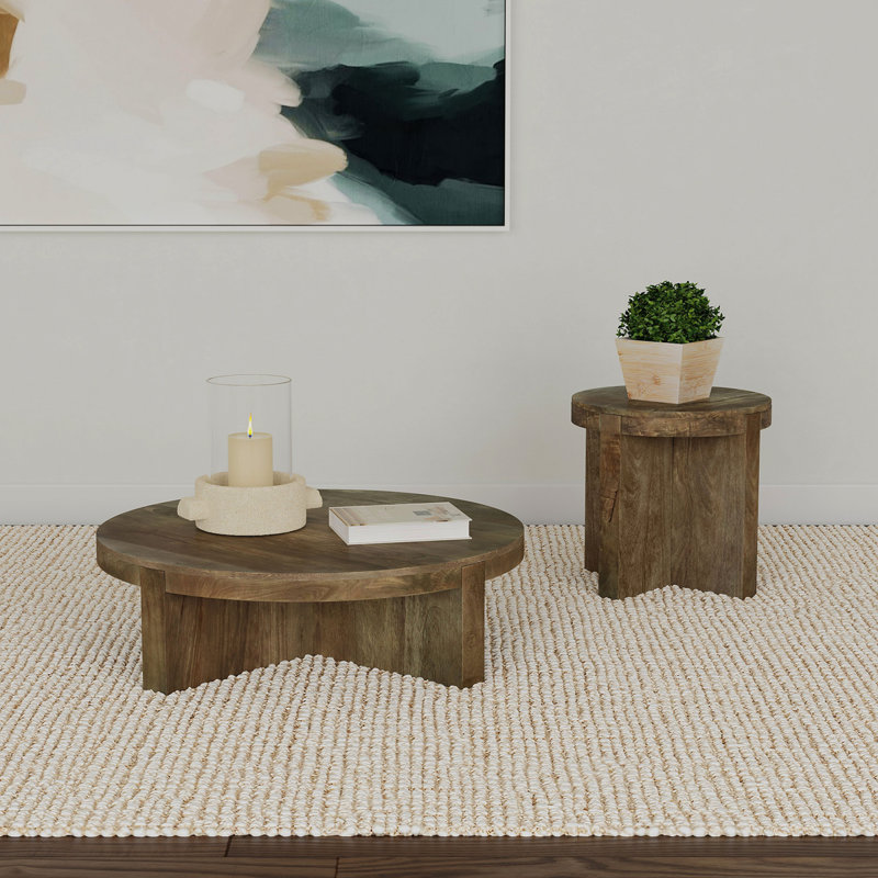 Round Solid Mango Wood Coffee Table, Brown