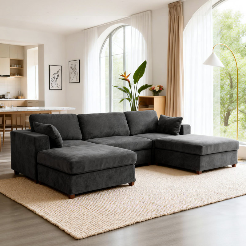 Canapé d'angle rembourré avec 2 repose-pieds, Lin gris, H 26 po x l 113,3 po x P 37,8 po