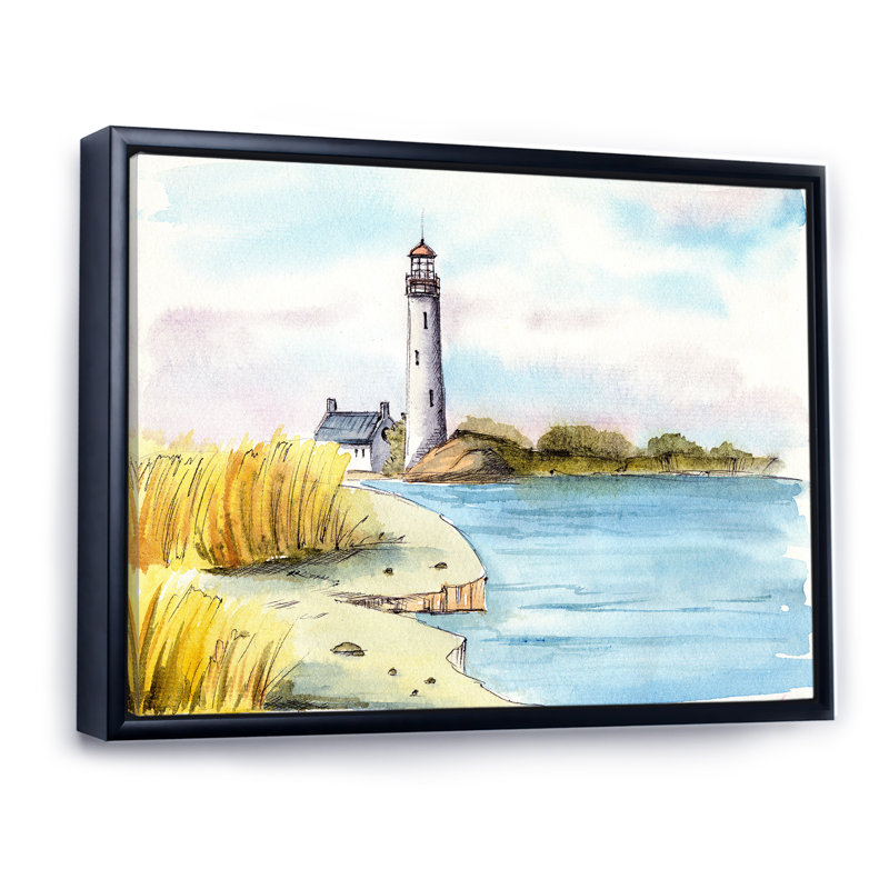 Phare sur un bord de mer lointain - Peinture sur toile, H 30 po x l 40 po, Cadre flottant noir
