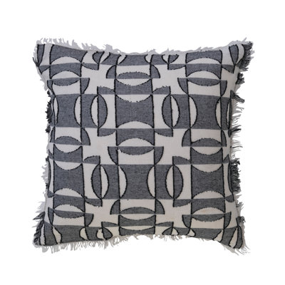  Square Woven Cotton Pillow with Geometric Pattern, Chambray Back and Fringe