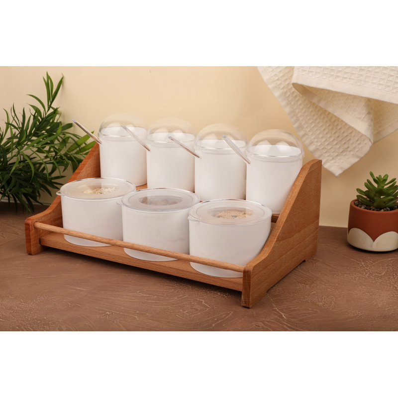Stylish Spice Jar & Kitchen Shelf Set (7 Pieces) | 100% BPA Free Plastic Jars (4 x 275 ml & 3 x 400 ml) with 100% Wooden Stand, 13.2 x 7.9 x 6.7 inches | Dishwasher Safe, Modern & Functional for Any Kitchen Decor