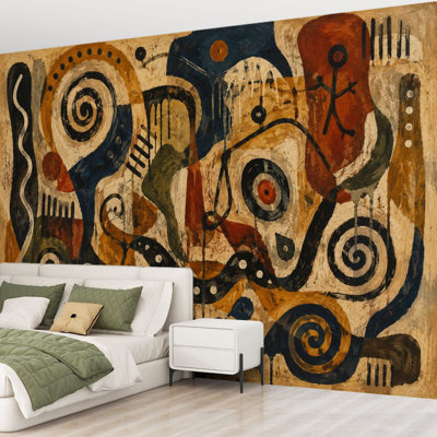 Wall Mural Peel and Stick Wallpaper Abstract Tribal Artwork Earthy Tones Geometric Shapes Self-Adhesive Removable Contact Paper Wall Decor for Living Room Bedroom 69"H x 96"W