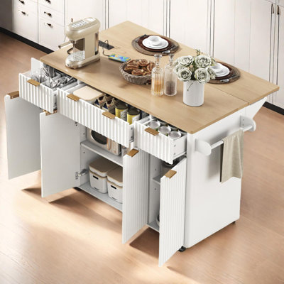 Fluted Kitchen Island with Storage, Drop Leaf, Power Outlet, 4 Doors, 3 Drawers