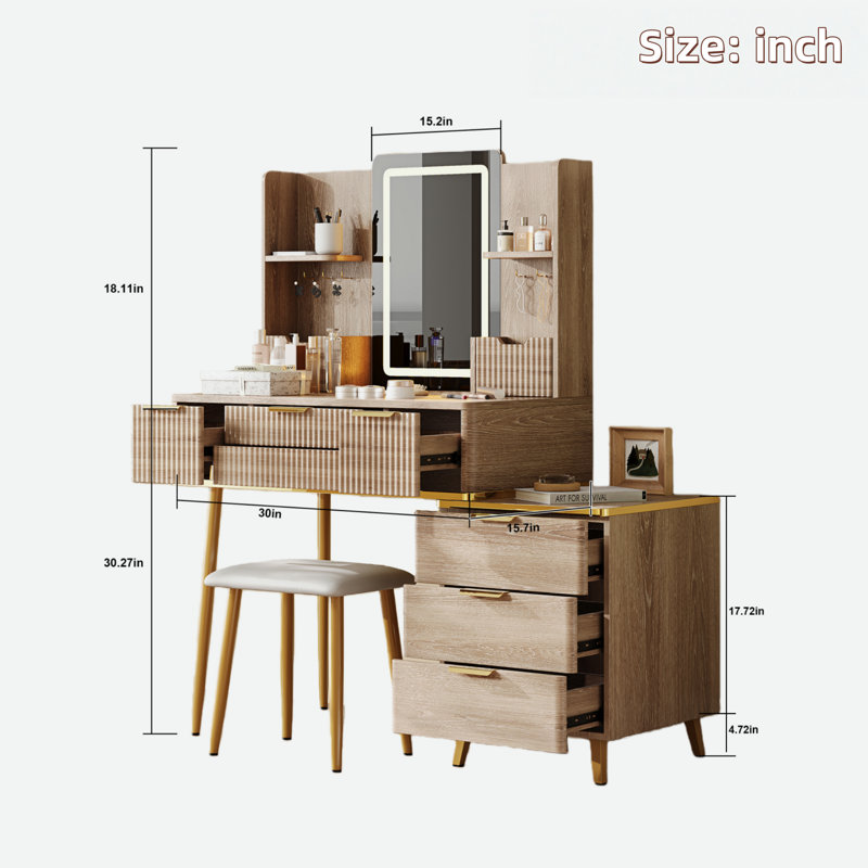 Bureau de coiffeuse à DEL avec tabouret et rangement