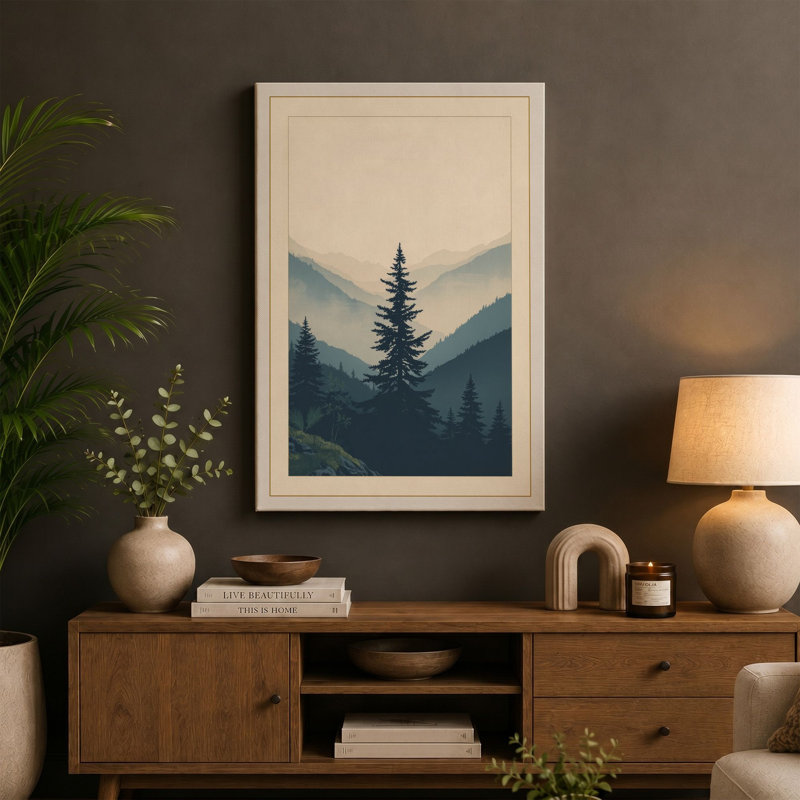 Silent Mountain Forest Scandinavian - Wrapped Canvas, 30x20 - 76.2 x 50.8 cm, Terracotta Border