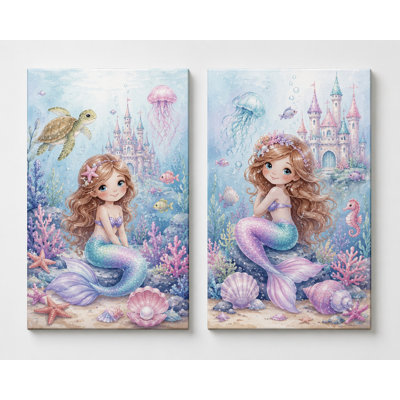 Large Set of 2 Mermaid Underwater Wall Art for Girls Bedroom Nursery, Fantasy Ocean Princess Canvas Decor 16x24 Inch Canvas Print - Ready to Hang