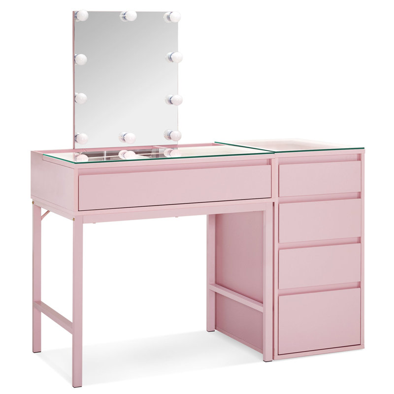 Bureau de coiffeuse en verre rose avec miroir lumineux et rangement pour bijoux, coiffeuse 