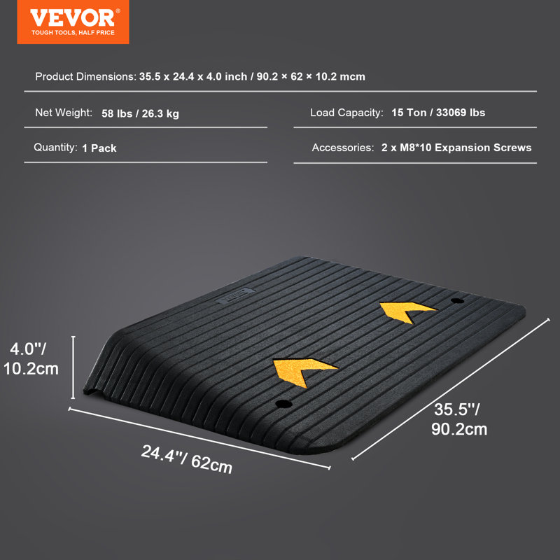VEVOR Rubber Threshold Ramp, 4" H x 24.4" W x 35.5" L