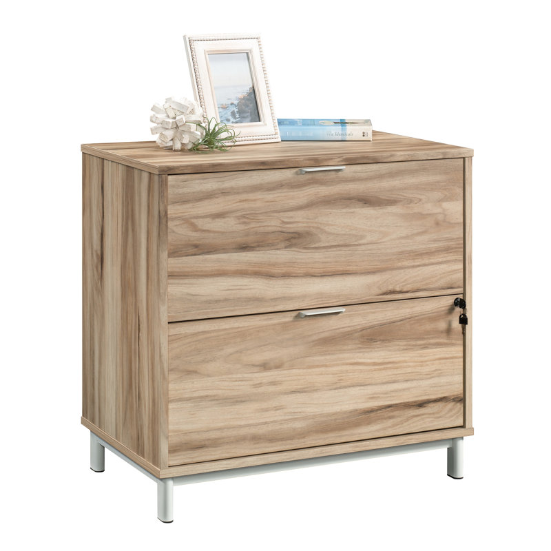 Classeur latéral contemporain avec apparence de bois - tiroir verrouillable pour un rangement sûr, fonction d'extension, tout fini, base en métal, espace de rangement de bureau