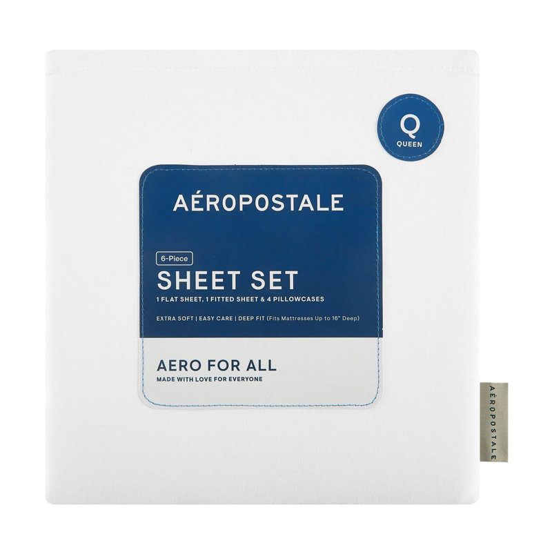Aeropostale 6 Piece Premium All Season Microfiber Sheet Set, 4 Pillow Cases, 1 Fitted Sheet, 1 Flat Sheet, Fits Mattresses up to 16” Deep, Queen Size, White