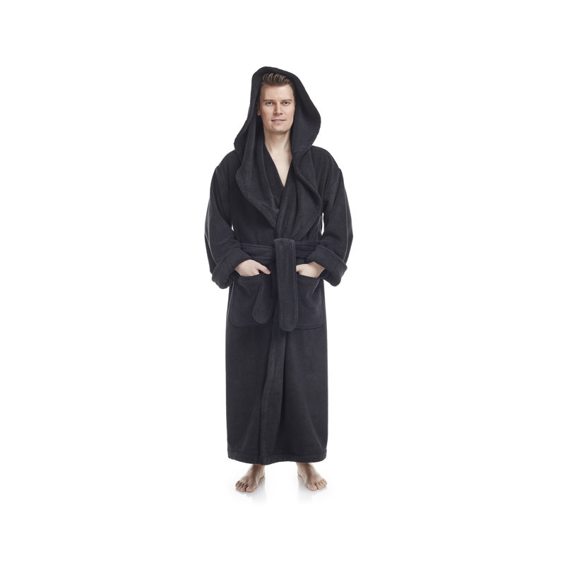 Peignoir 100% coton éponge garçon / homme + cheville avec poches et capuche, Noir, M