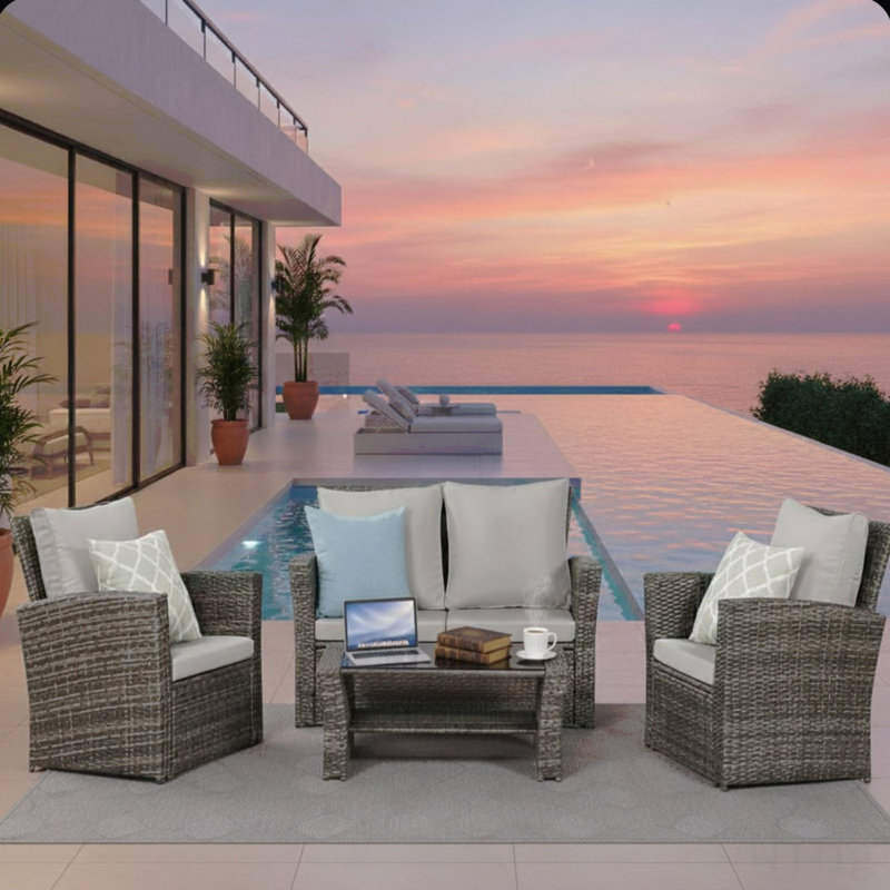 4-Piece All Weather Wicker Patio Conversation Set With Gray Cushions And Glass Table, Gray