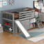 Lit simple mezzanine bas avec bibliothèques attachées et tiroirs séparés à 3 niveaux, échelle convertible et glissoire (gris)-999525457