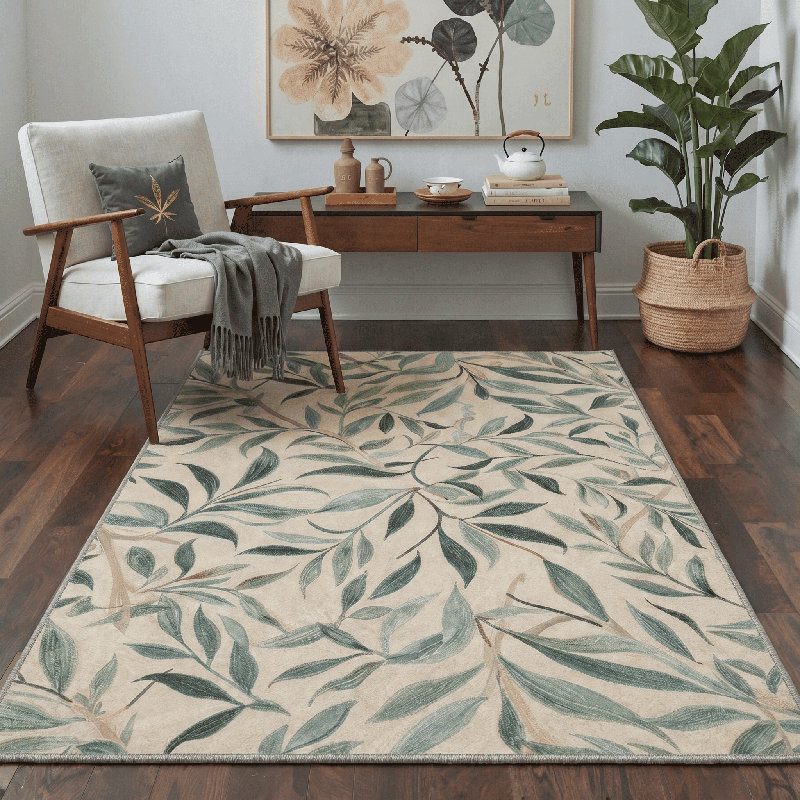 Abeyta Floral Machine Washable Green / Beige Indoor Area Rug with Non-Slip Backing, Rectangle 8' x 10'
