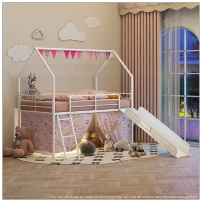 Jack Metal Junior House Twin Loft Bed with Slide and Curtain Set and Pennant Banner Flag and Star Stickers, White with Pink