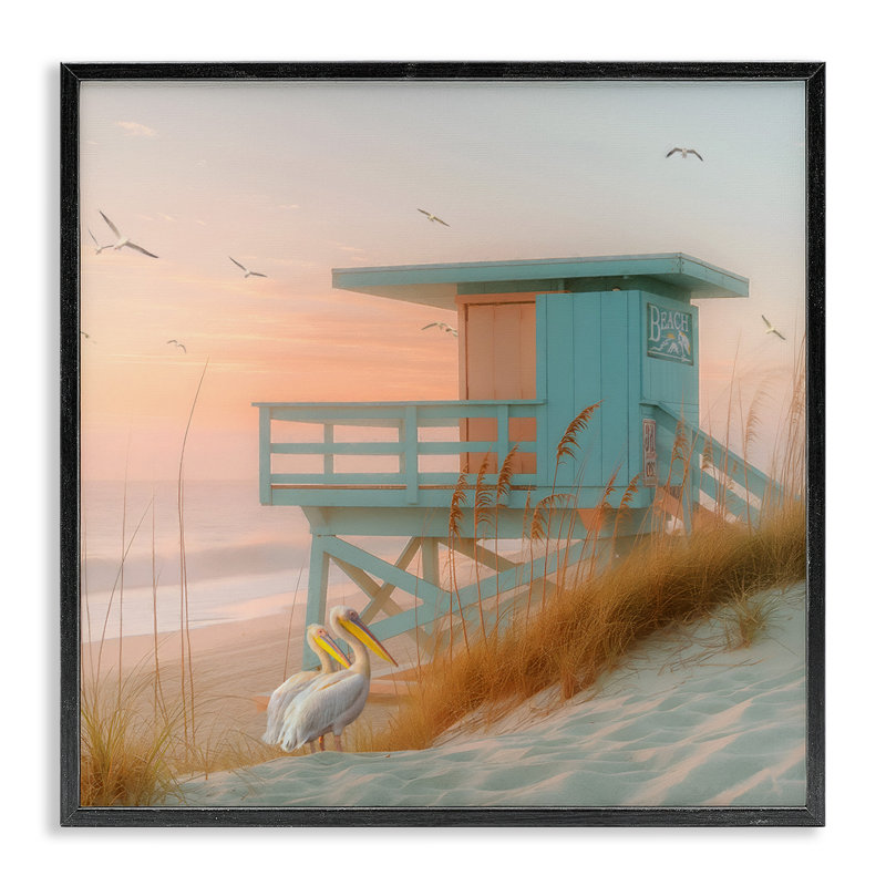 «Coastal Charm Beach Hut», estampe numérique par Steve Hunziker, Giclée encadrée noir minuit, H 12 po x l 12 po