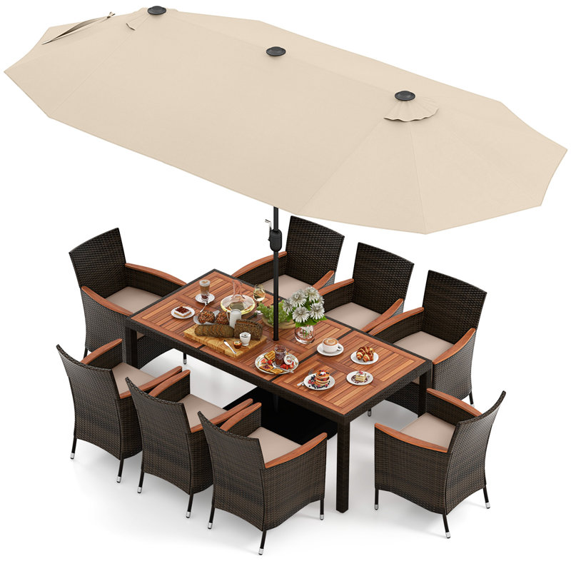 10 Pcs Patio Dining Table Chair Set With Umbrella, Beige, Brown