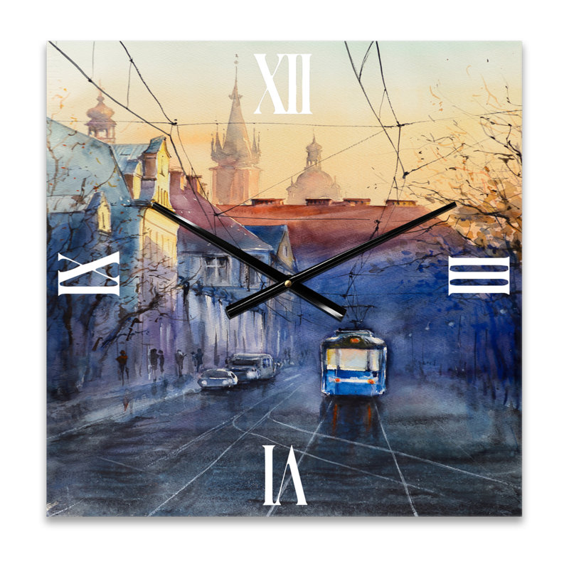 Horloge murale bleue et marine au coucher du soleil avec une église au coucher du soleil, Très grand