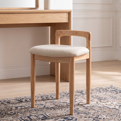 Solid Oak Vanity Stool with Upholstered Seat