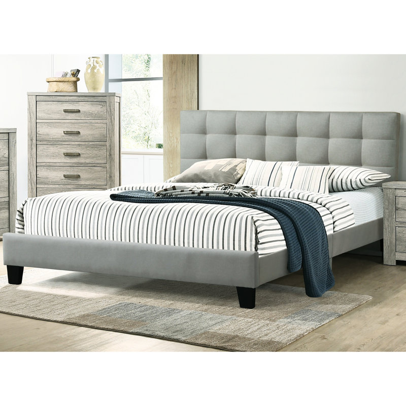 Lit moderne grand avec tête de lit en polypropylène gris doux et lit plateforme robuste, Grand lit, Gris clair