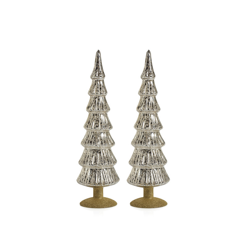Arbre en verre vert clair Merrigan sur base à paillettes dorées, ensemble de 2, H 15,25 po x l 3,5 po x P 3,5 po