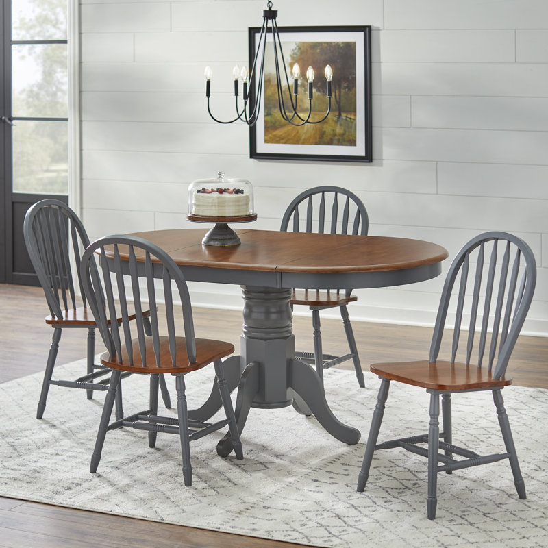 Kaneshiro Solid Wood Top Pedestal Dining Set, 5 Pieces: Table, 4 Chairs, Gray/Walnut