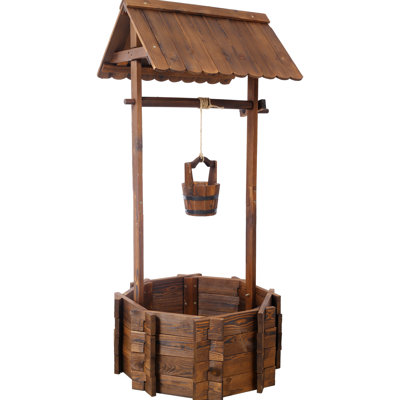 Rustic Garden Well Planter In Wood For Patio, Yard, Garden, With Hanging Bucket & Shade, 53H X 25W 25L Outdoor Wooden And Shade Aptitude, 25X25x53, Brown