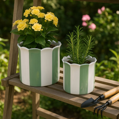 Ceramic Outdoor Planters - Striped Flower Pots With Scalloped Edge - Indoor Planter For Plants, Flowers, Herbs, Or Patio Garden Decor - Set 2, 8", 6"