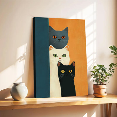 Illustration rétro de trois chats qui regardent, fond turquoise et orange, impression sur toile tendue grand format pour salon ou chambre.