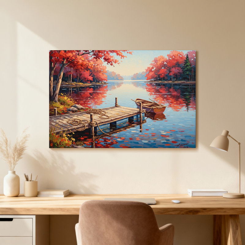 Plantes et fleurs, automne, lac, quai, bateau, reflet, arbres, ciel d'eau, H 12 po x l 18 po, Toile tendue, Ne s’applique pas