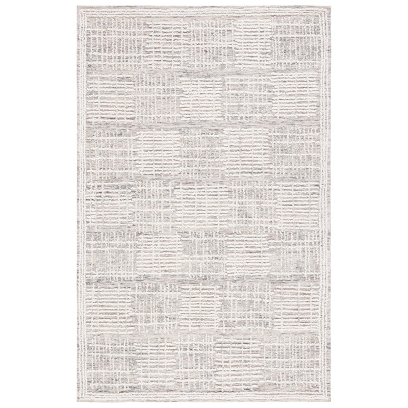 Tapis géométrique en coton touffeté à la main à motif abstrait gris foncé / ivoire Wenee, Rectangle 9 pi x 12 pi