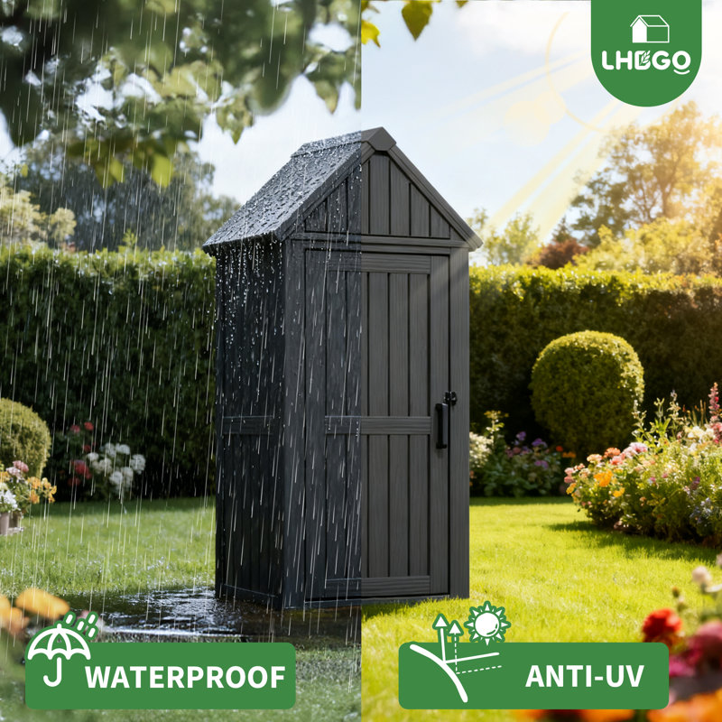 Remise de rangement extérieure avec toit incliné et porte verrouillable - Armoire à outils imperméable en résine avec 12 crochets