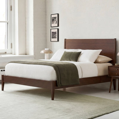 Structure de lit plateforme en bois de bambou massif de style Mid-Century avec lattes de bois et support en métal, aucun sommier requis, assemblage facile
