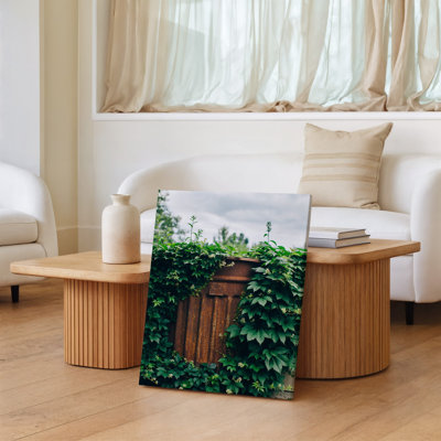 Canvas A Weathered Rusty Metal Trash Can Is Partially Obscured By Wall Art Vibrant Green Ivy Creating A Striking Contrast Between Man Canvas Wall Art