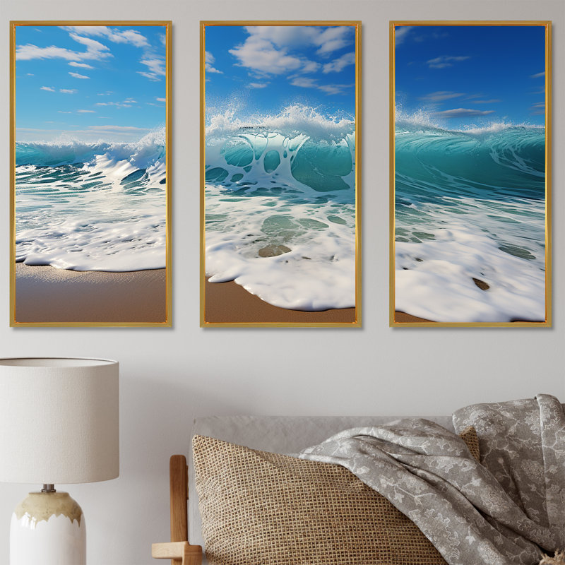 Turquoise Power of Ocean Wave - Ensemble de décoration murale bord de mer, Cadre flottant doré, H 32 po x l 48 po x P 1 po