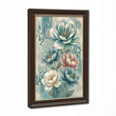 Toile murale représentant des pivoines turquoise, blanches et roses avec des accents dorés