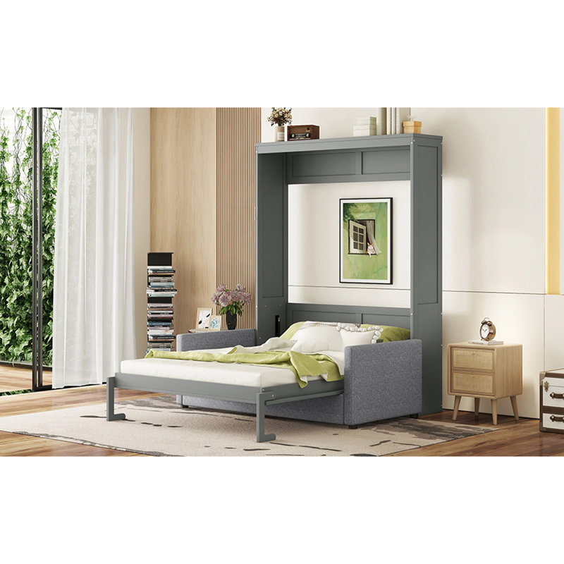 Grand lit escamotable mural avec coussin, grand, Gris, Grand lit