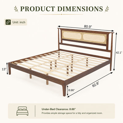 Alviera Pine Wood Platform Bed with Woven Rattan Headboard, Reinforced Center Supports, 8.6" Under-Bed Storage and No Box Spring Needed, Walnut