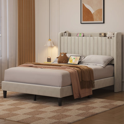 Structure de lit rembourrée avec prises de recharge et ports USB