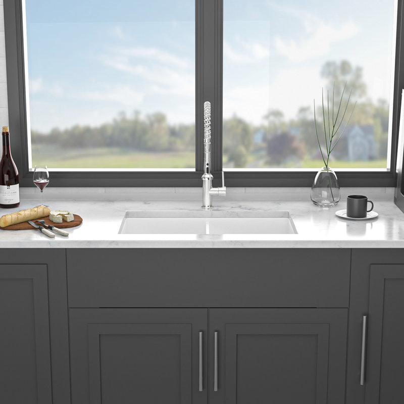 32" Undermount Ceramic Double Bowl Sink - White Rectangular Basin For Sleek Kitchen Look Design