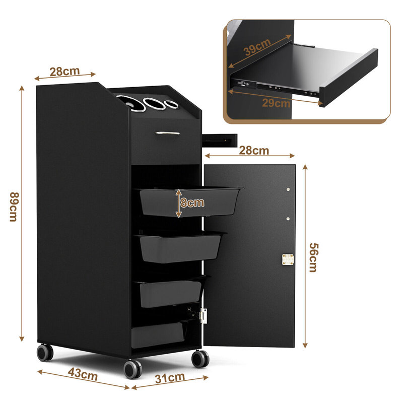 Salon Trolley Cart with 4 Storage Trays And Pull out storage Drawer-Black
