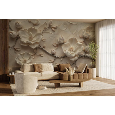 3D Ivory Magnolia Flower Wall Mural | Sculpted Floral Wallpaper | Non-Woven or Peel and Stick