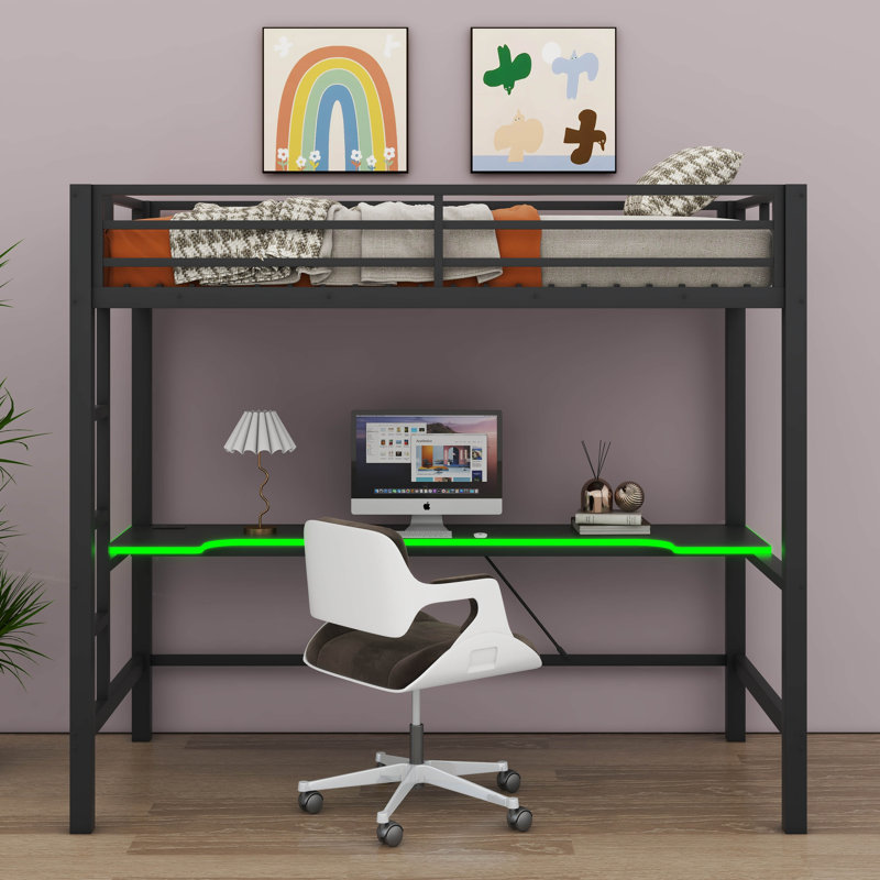 Lit mezzanine avec bureau intégré, éclairage à DEL et station de charge intégrée, Simple, Noir