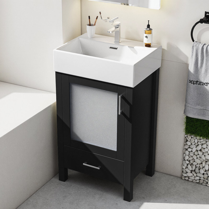 Meuble-lavabo noir de 20 po avec lavabo en céramique, porte à fermeture en douceur et grand espace de rangement, Noir