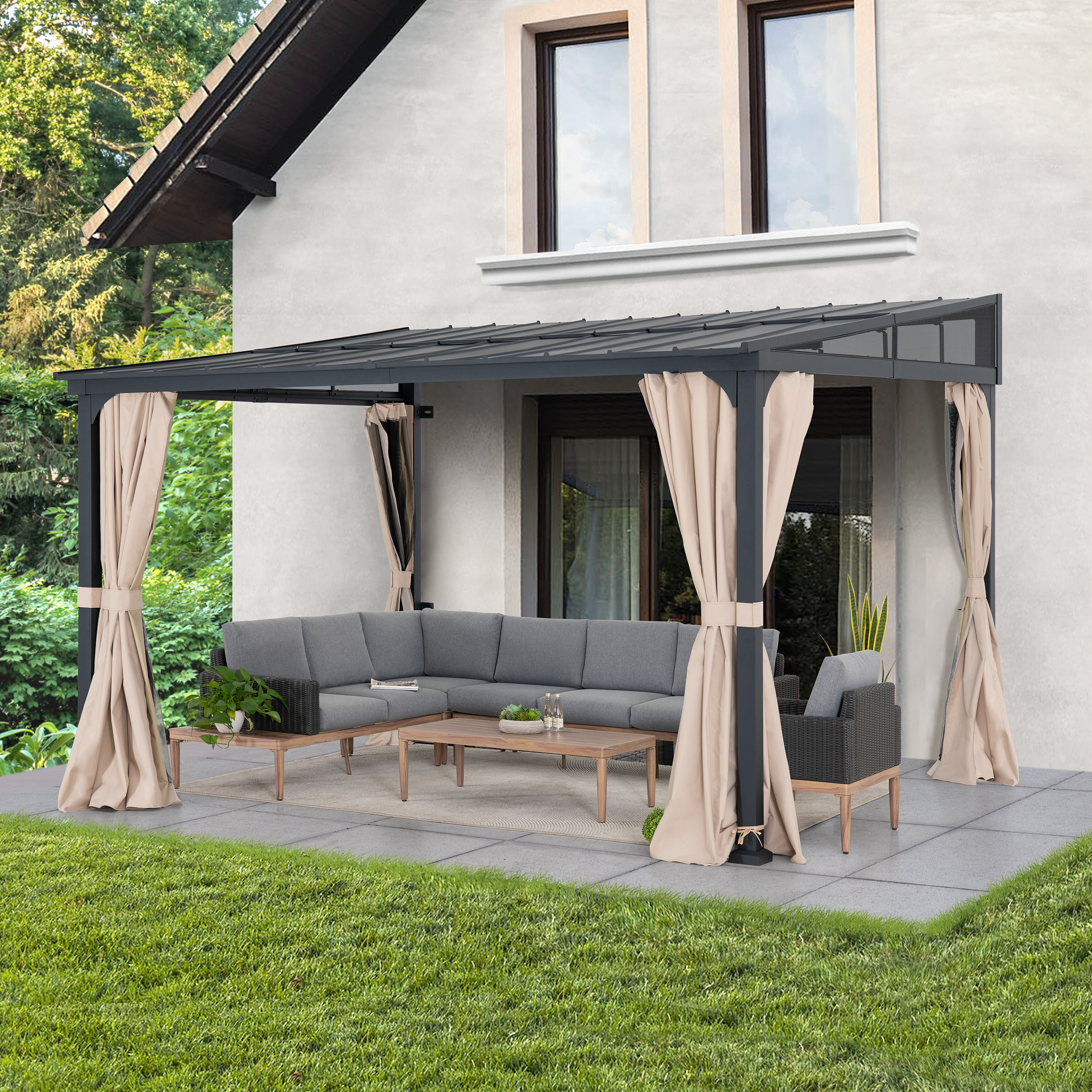 Sunjoy 10ft. x 12ft. Metal Roof Aluminum & Metal Frame with Curtain and ...