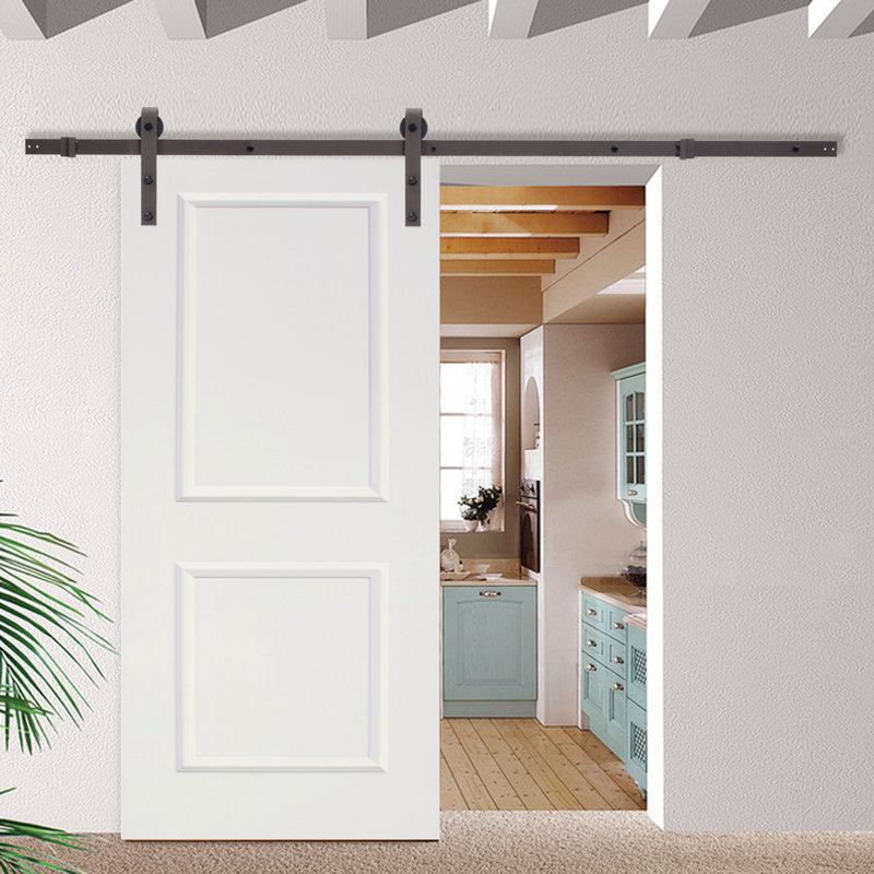 Primed White MDF Raised 2 Panel Sliding Barn Door with Brown Hardware